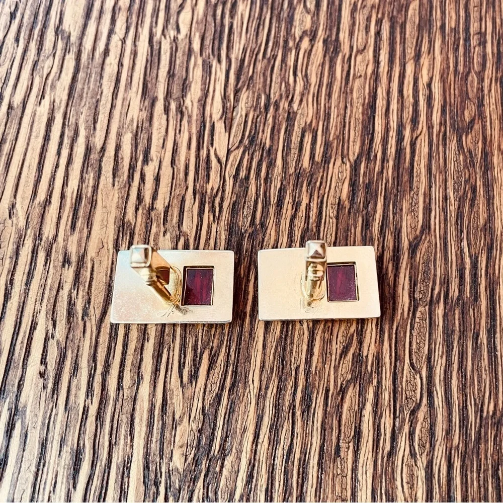 Anson Vintage Gold Tone Fuchsia Lucite Inset Tie Bar Cufflink Set Mid-Century
